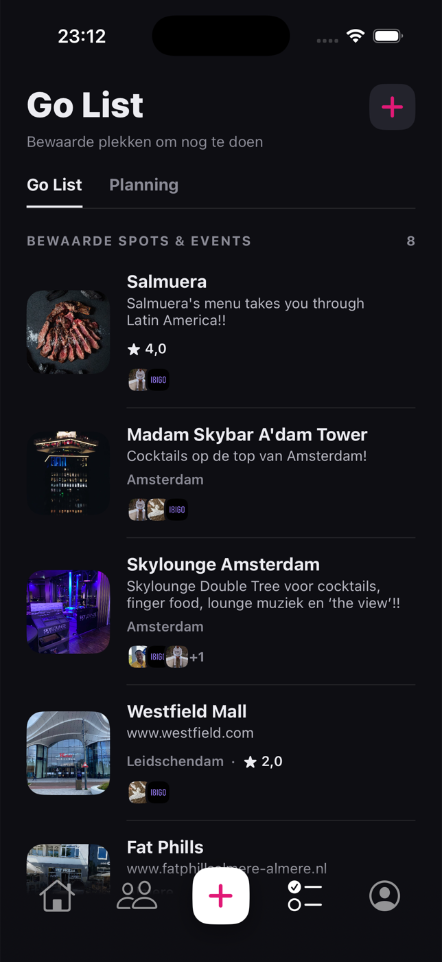 De Go List met bewaarde spots in de Ibigo app